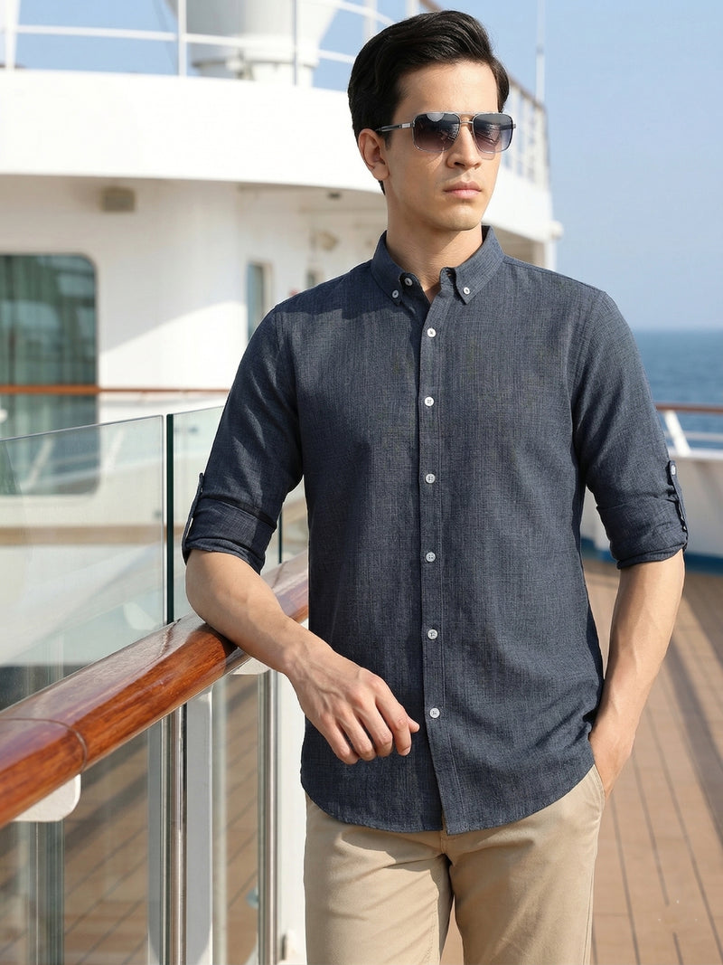Thomas Scott Men Mid Blue Slim Fit Long Sleeves Button-Down Collar Polyester Casual Shirt