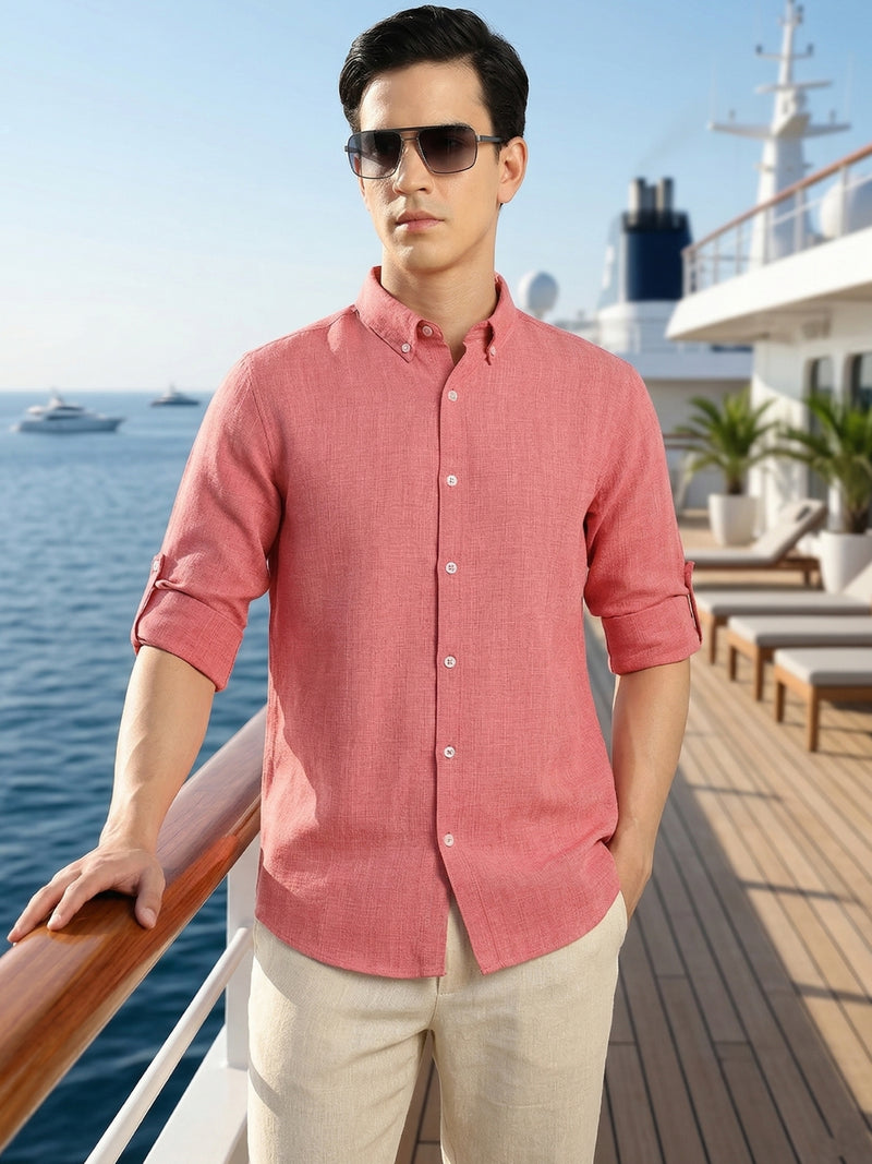 Thomas Scott Men Royal Pink Slim Fit Long Sleeves Button-Down Collar Polyester Casual Shirt