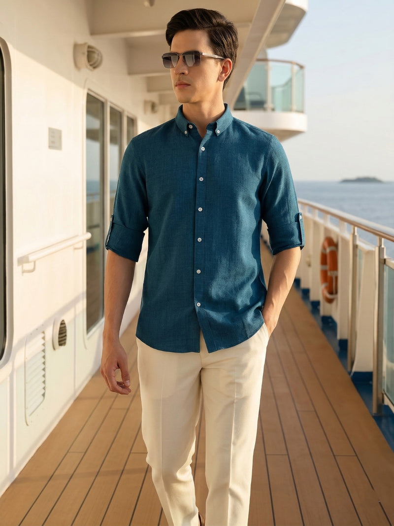 Thomas Scott Men Peacock Slim Fit Long Sleeves Button-Down Collar Polyester Casual Shirt