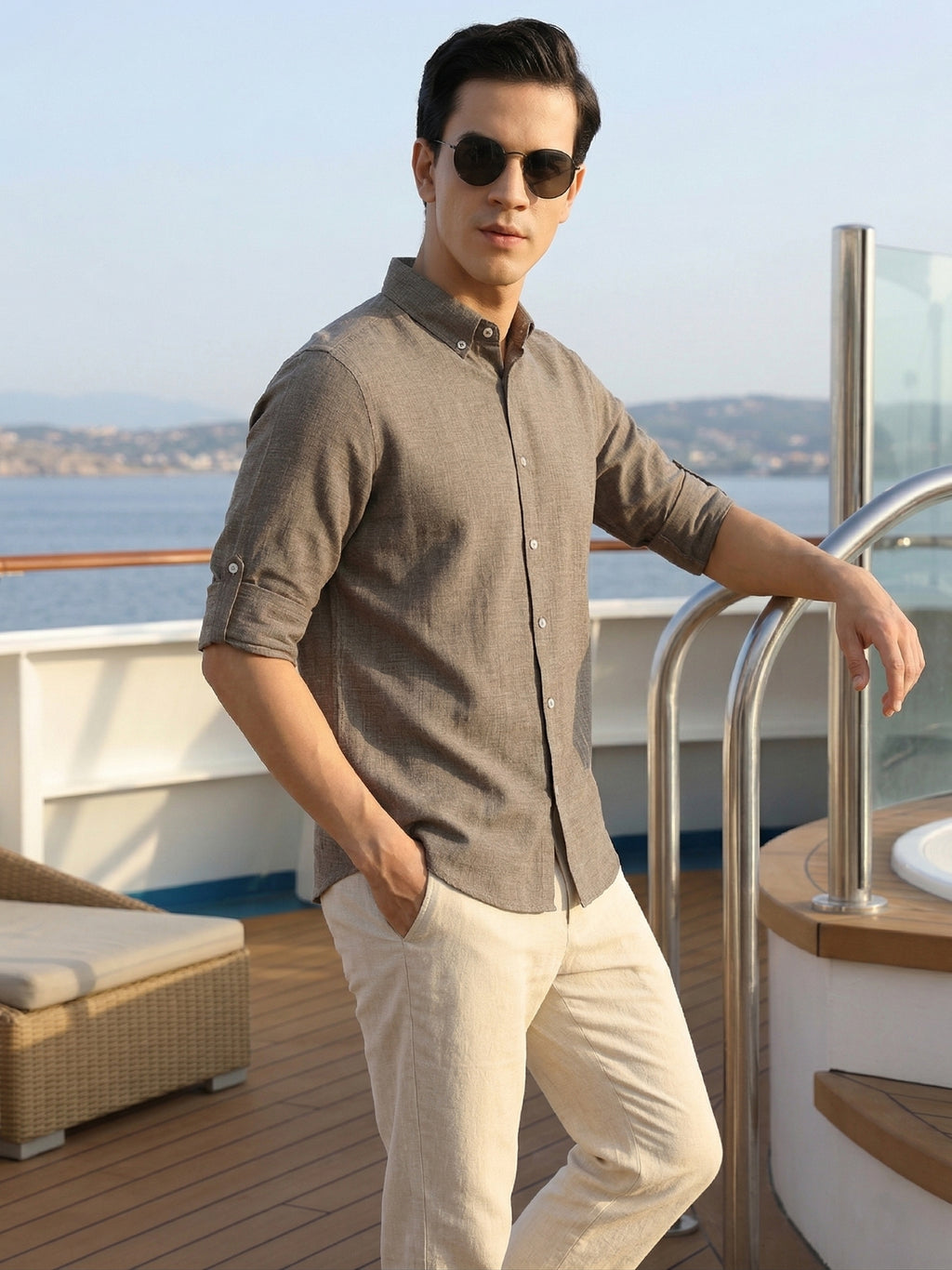Thomas Scott Men Ivory Slim Fit Long Sleeves Button-Down Collar Polyester Casual Shirt
