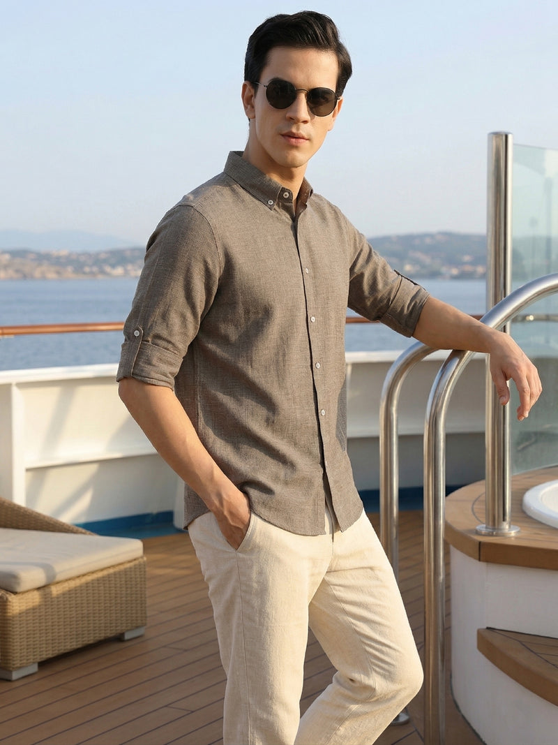 Thomas Scott Men Ivory Slim Fit Long Sleeves Button-Down Collar Polyester Casual Shirt
