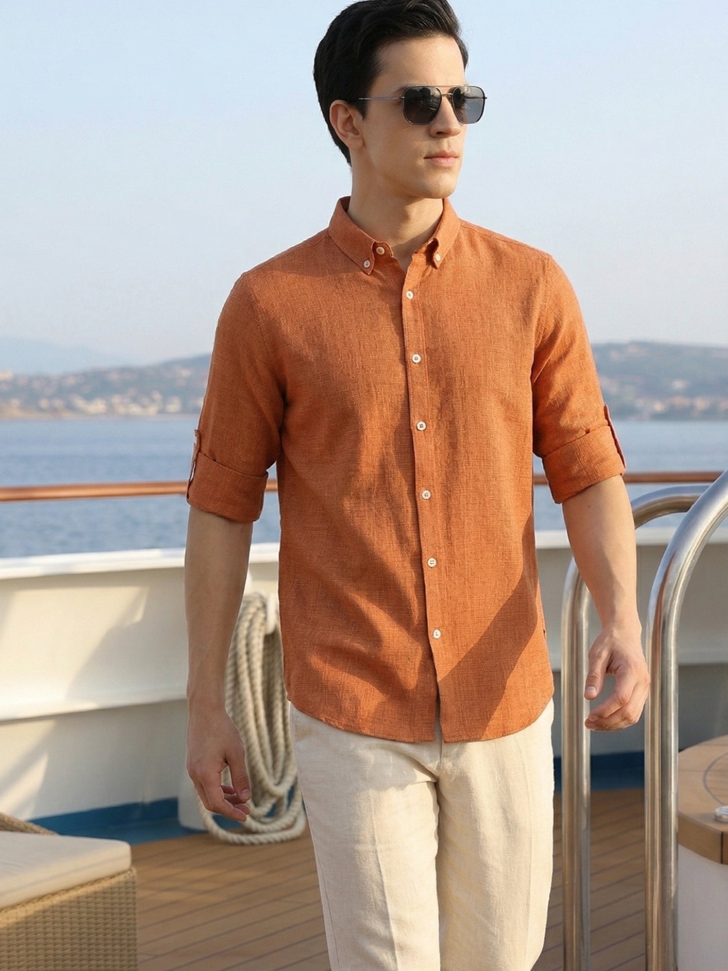 Thomas Scott Men Rust Slim Fit Long Sleeves Button-Down Collar Polyester Casual Shirt