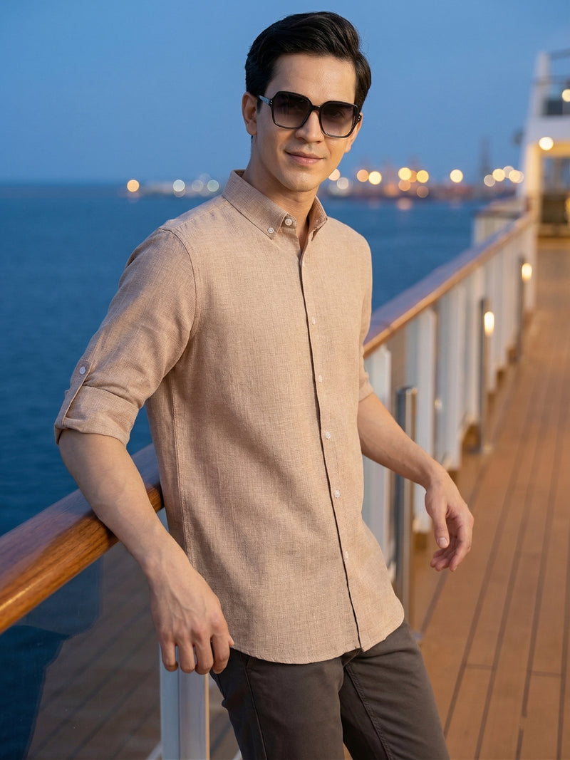 Thomas Scott Men Khaki Slim Fit Long Sleeves Button-Down Collar Polyester Casual Shirt