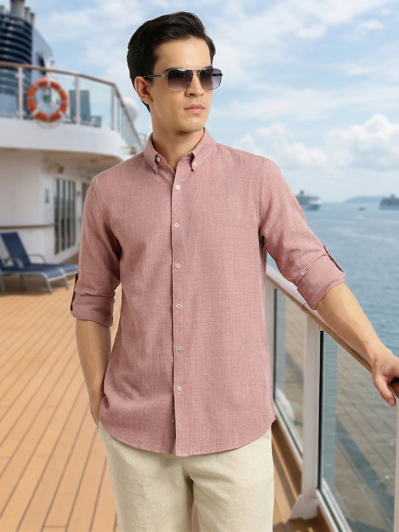 Thomas Scott Men Baby Pink Slim Fit Long Sleeves Button-Down Collar Polyester Casual Shirt
