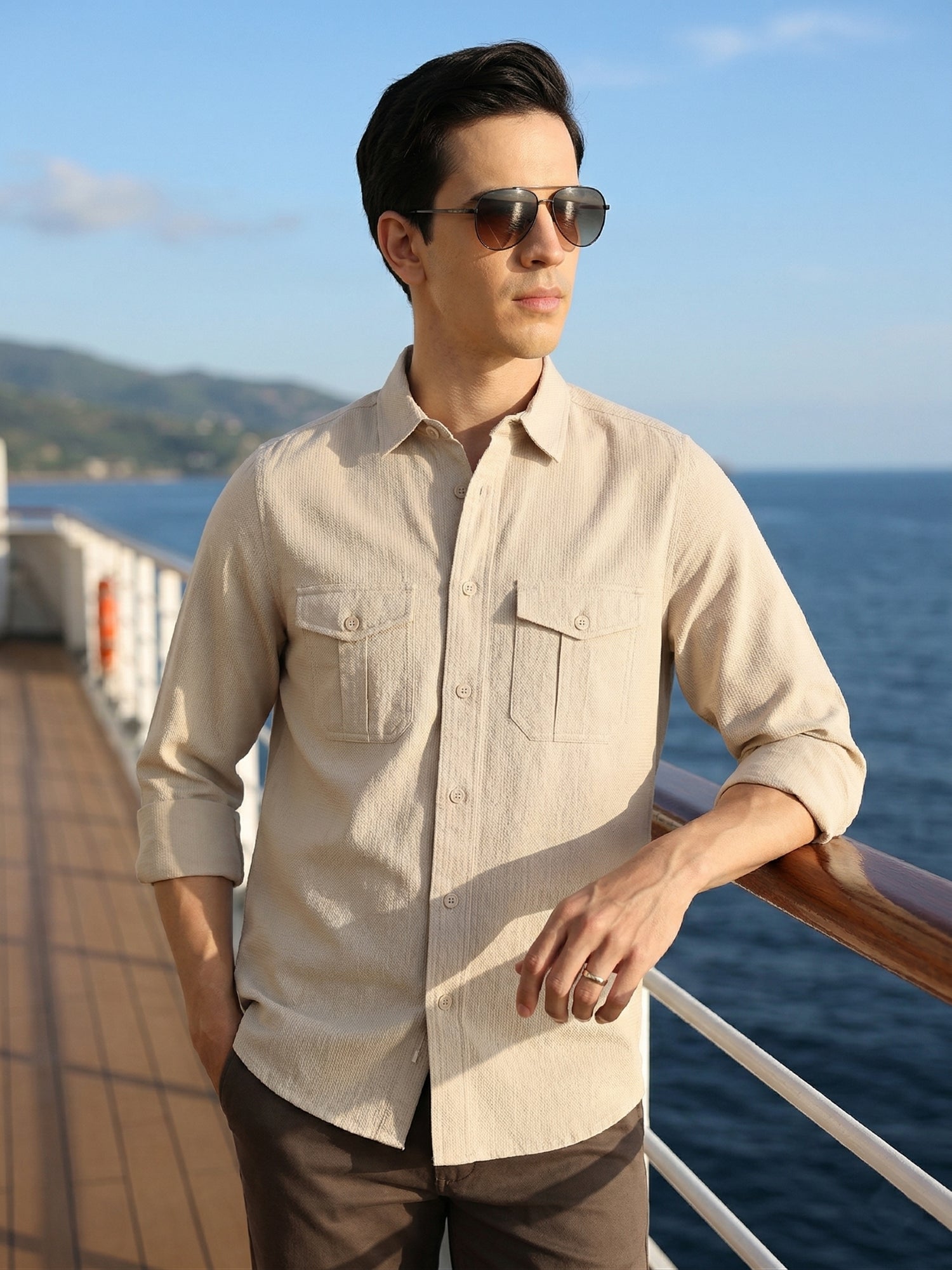 Thomas Scott Men Beige Cricket Club Collection Men Slim Fit Cotton Casual Shirt-Dual Flap Pocket