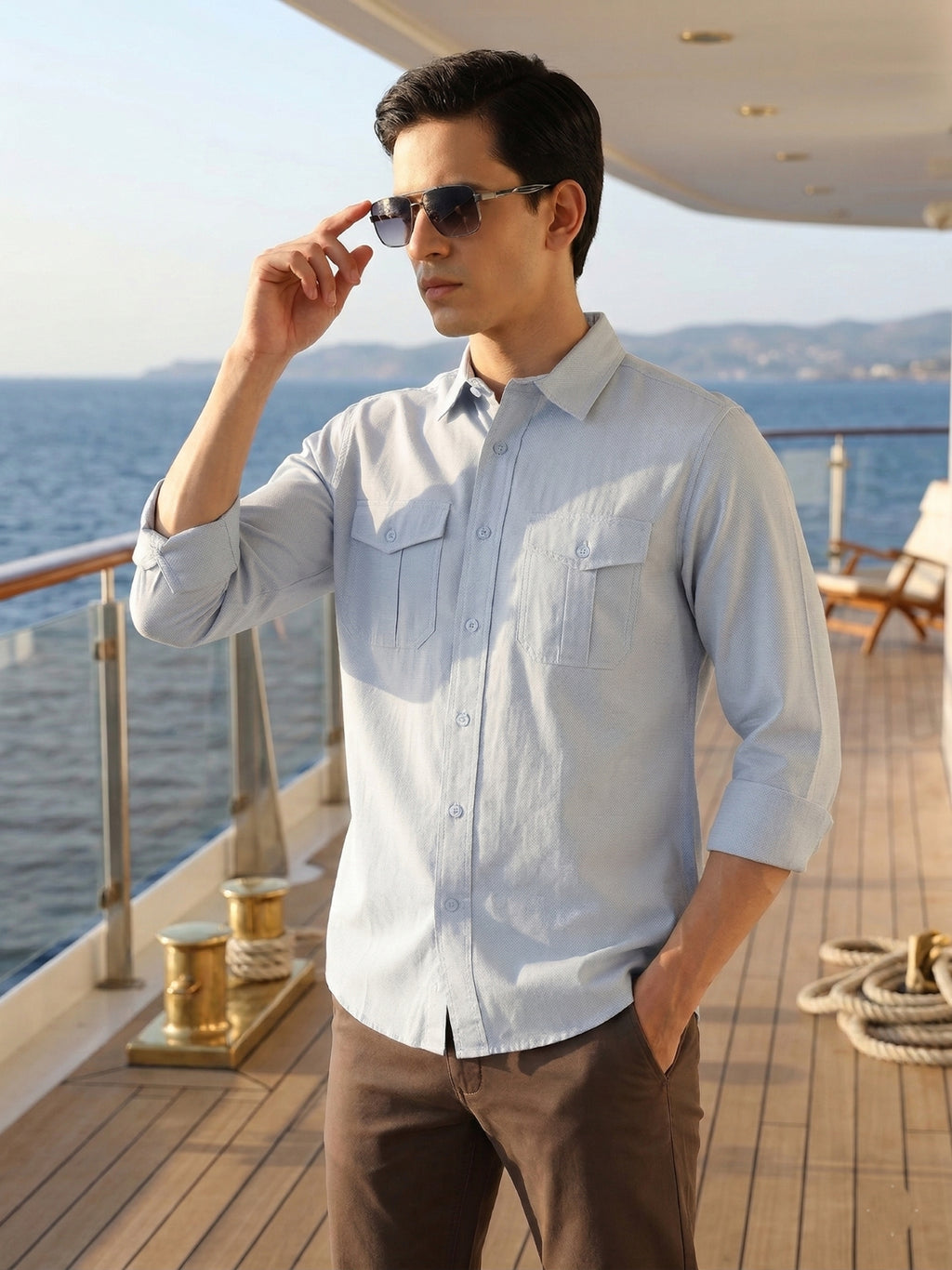 Thomas Scott Men Blue Cricket Club Collection Men Slim Fit Cotton Casual Shirt-Dual Flap Pocket