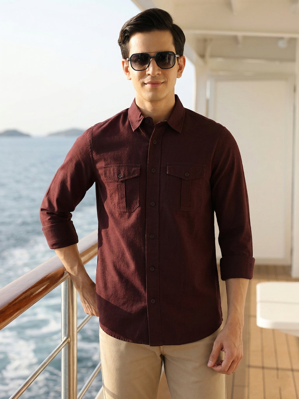 Thomas Scott Men Wine Cricket Club Collection Men Slim Fit Cotton Casual Shirt-Dual Flap Pocket
