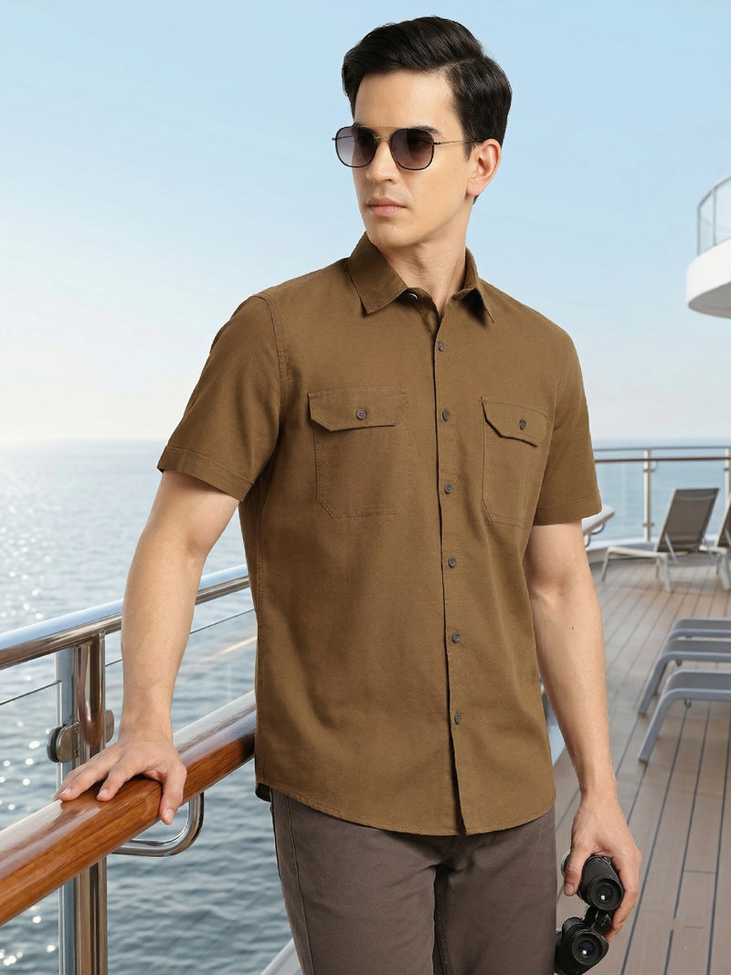 Thomas Scott Men Brown Men Cricket Club Collection Premium Slim Fit Casual Shirt-Dual Flap Pockets With Short Sleeves