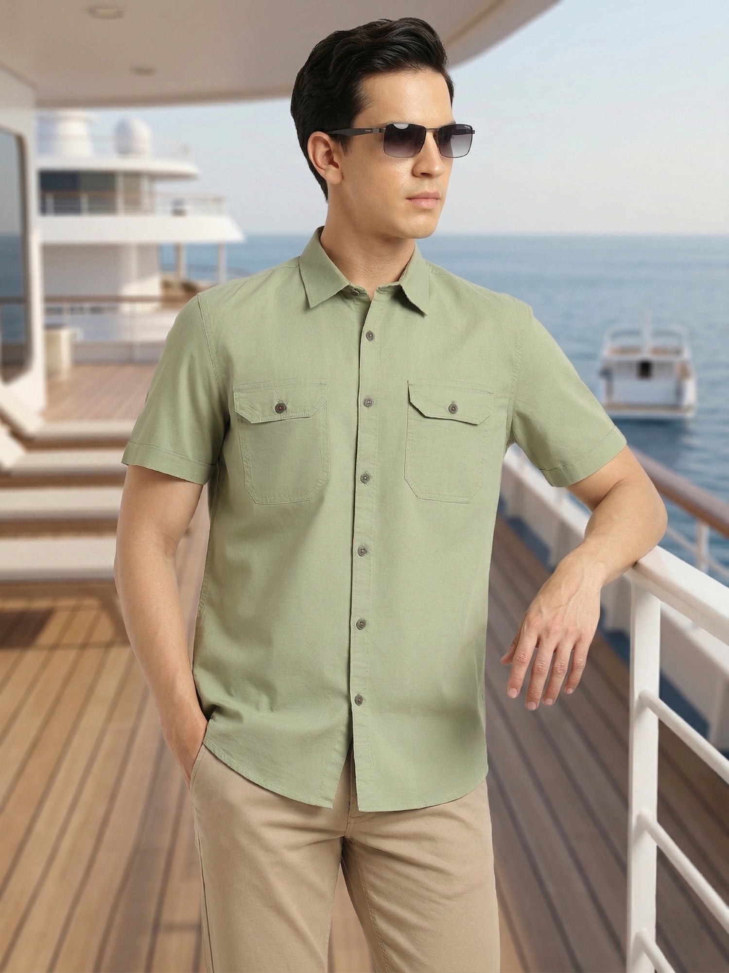 Thomas Scott Men Light Olive Men Cricket Club Collection Premium Slim Fit Casual Shirt-Dual Flap Pockets With Short Sleeves