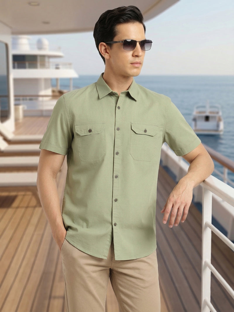 Thomas Scott Men Light Olive Men Cricket Club Collection Premium Slim Fit Casual Shirt-Dual Flap Pockets With Short Sleeves
