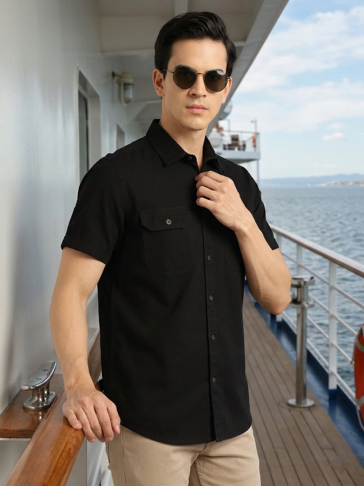Thomas Scott Men Black Men Cricket Club Collection Premium Slim Fit Casual Shirt-Dual Flap Pockets With Short Sleeves