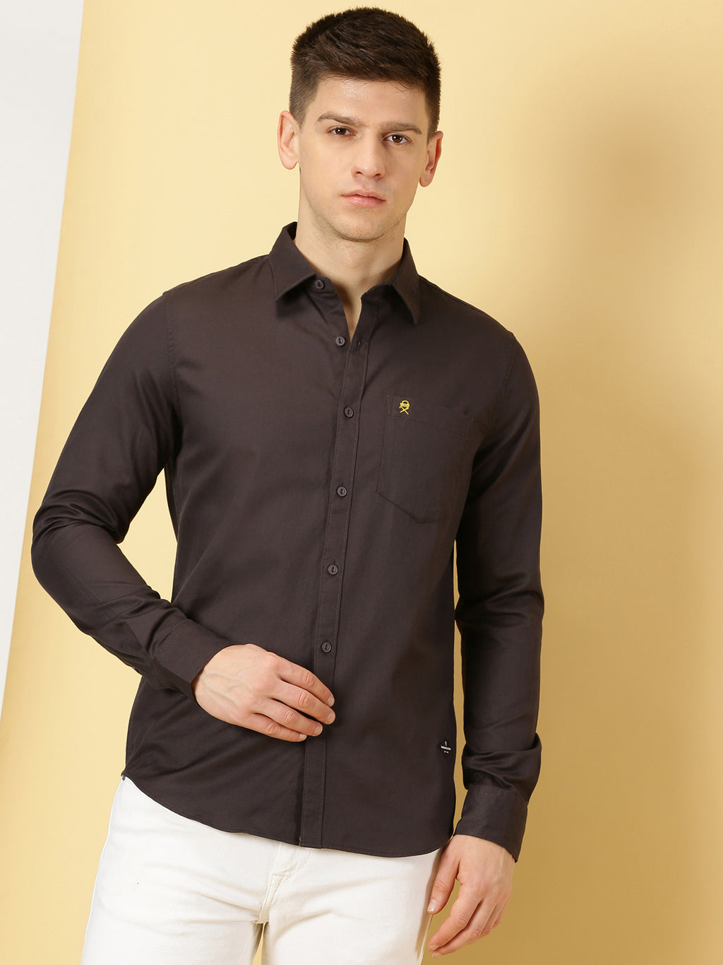 Thomas Scott Men Dark Grey Standard Slim Fit Spread Collar Long Sleeves 100% Cotton Casual Shirt