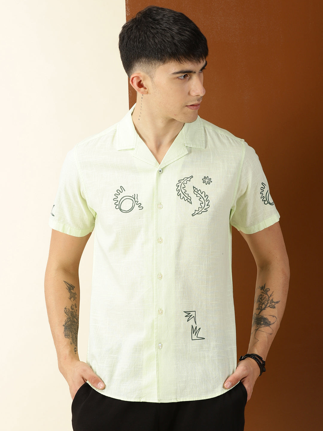 Thomas Scott Men Lime Green Premium Liberal Fit Short Sleeves Conversational Printed Cuban Collar Cotton Casual Shirt
