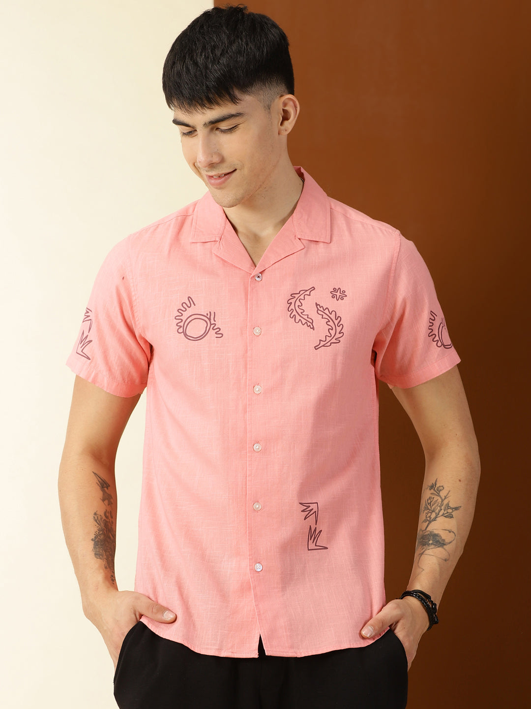 Thomas Scott Men Pink Premium Liberal Fit Short Sleeves Conversational Printed Cuban Collar Cotton Casual Shirt