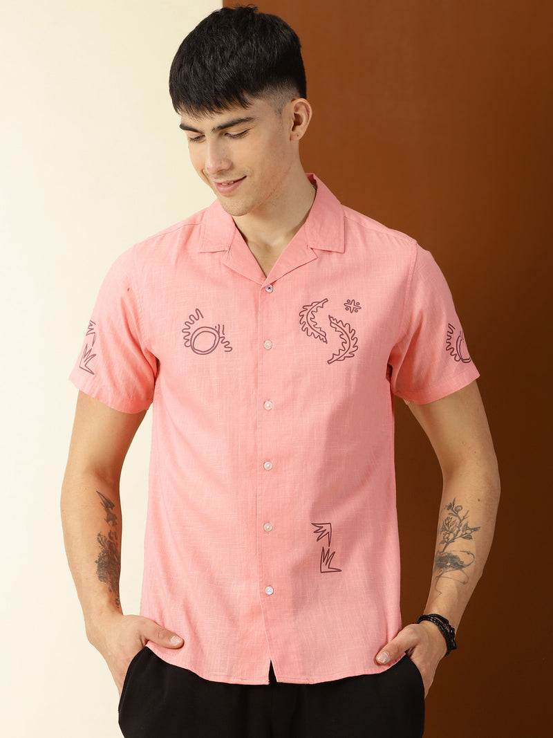 Thomas Scott Men Pink Premium Liberal Fit Short Sleeves Conversational Printed Cuban Collar Cotton Casual Shirt