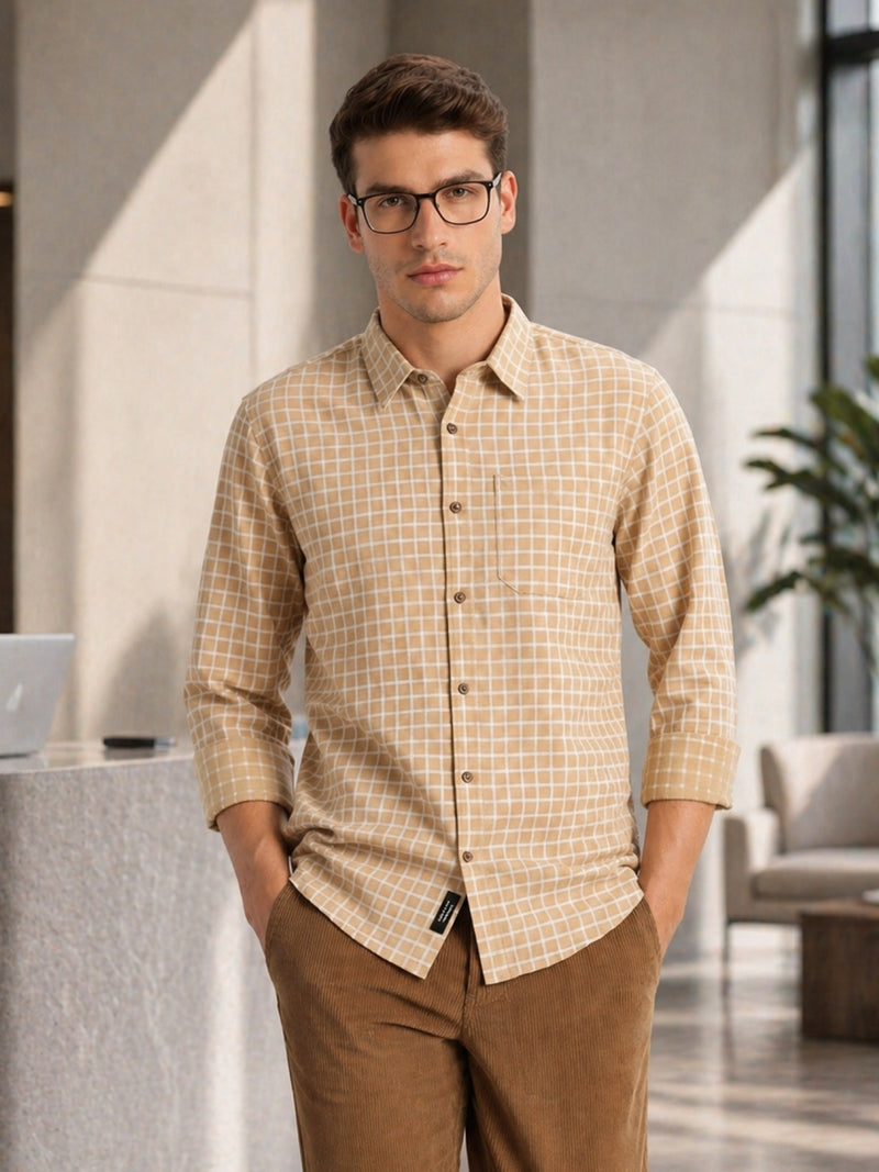 Thomas Scott Men Beige Regular Fit Long Sleeves Spread Collar Windowpane Check 100% Cotton Casual Shirt