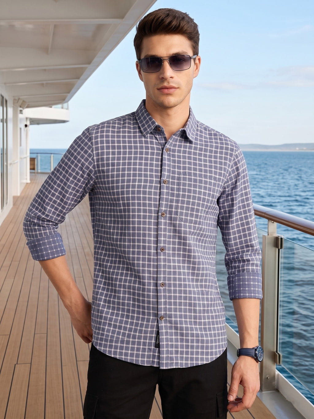 Thomas Scott Men Blue Regular Fit Long Sleeves Spread Collar Windowpane Check 100% Cotton Casual Shirt