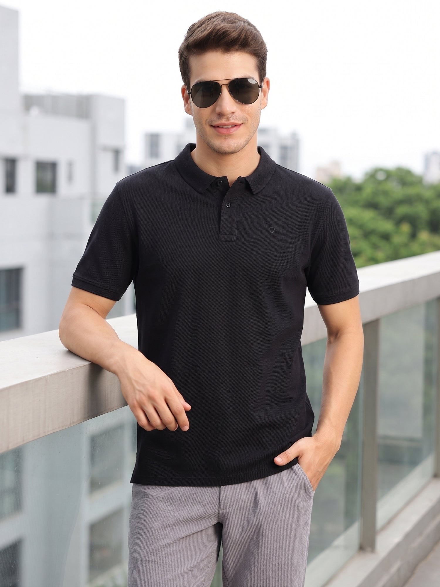 Thomas Scott Men Black Short Sleeves Regular Fit Solid 100% Cotton Polo Collar Knitted T-shirt