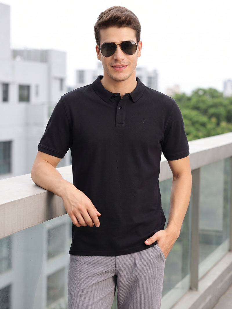 Thomas Scott Men Black Short Sleeves Regular Fit Solid 100% Cotton Polo Collar Knitted T-shirt