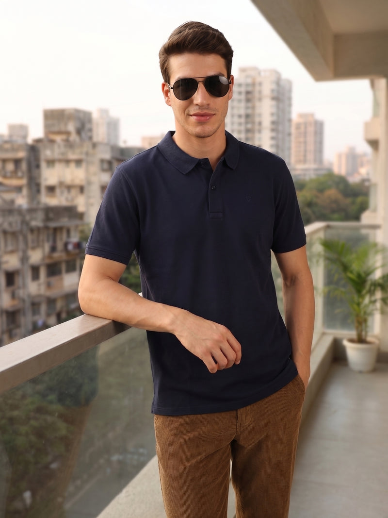 Thomas Scott Men Navy Blue Short Sleeves Regular Fit Solid 100% Cotton Polo Collar Knitted T-shirt