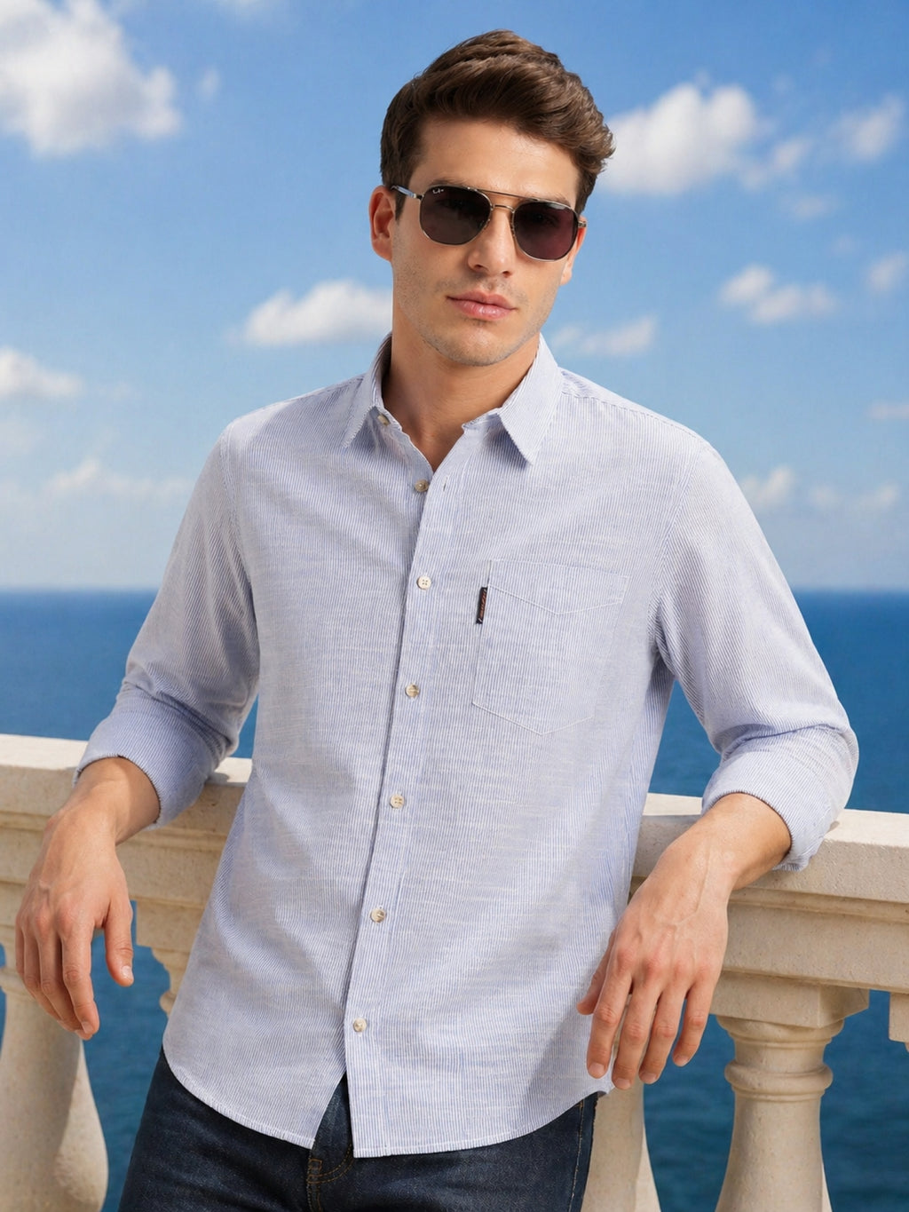 Thomas Scott Men Blue Cricket Club Collection Pinstripe Long Sleeves Regular Fit Cotton Linen Casual Shirt