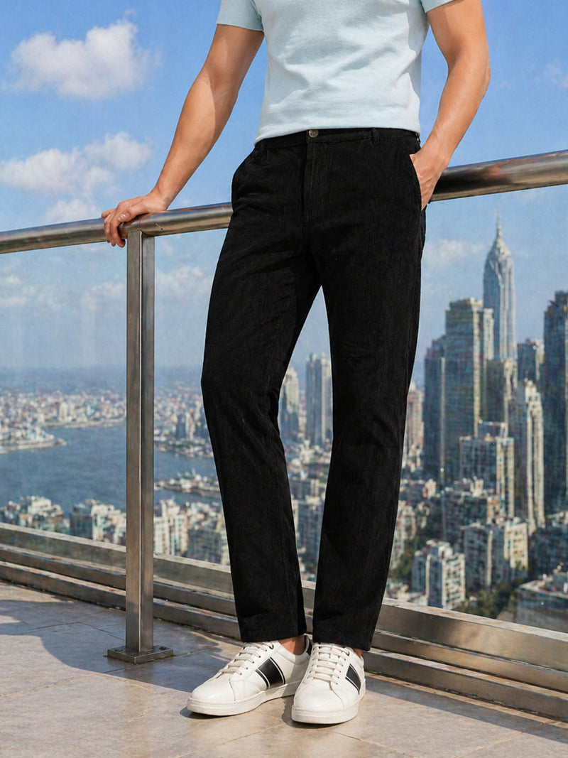 Thomas Scott Men Black Regular Fit Mid-Rise Textured 4-Pockets Design Corduroy Trouser