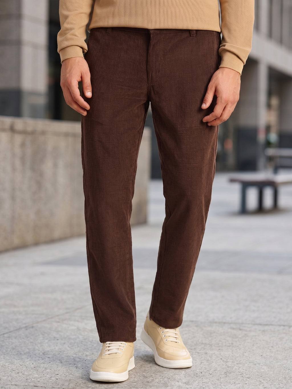 Thomas Scott Men Brown Regular Fit Mid-Rise Textured 4-Pockets Design Corduroy Trouser