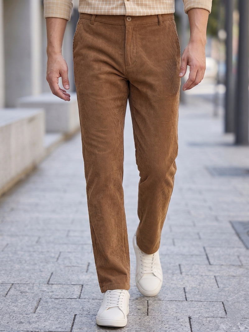 Thomas Scott Men Khaki Regular Fit Mid-Rise Textured 4-Pockets Design Corduroy Trouser
