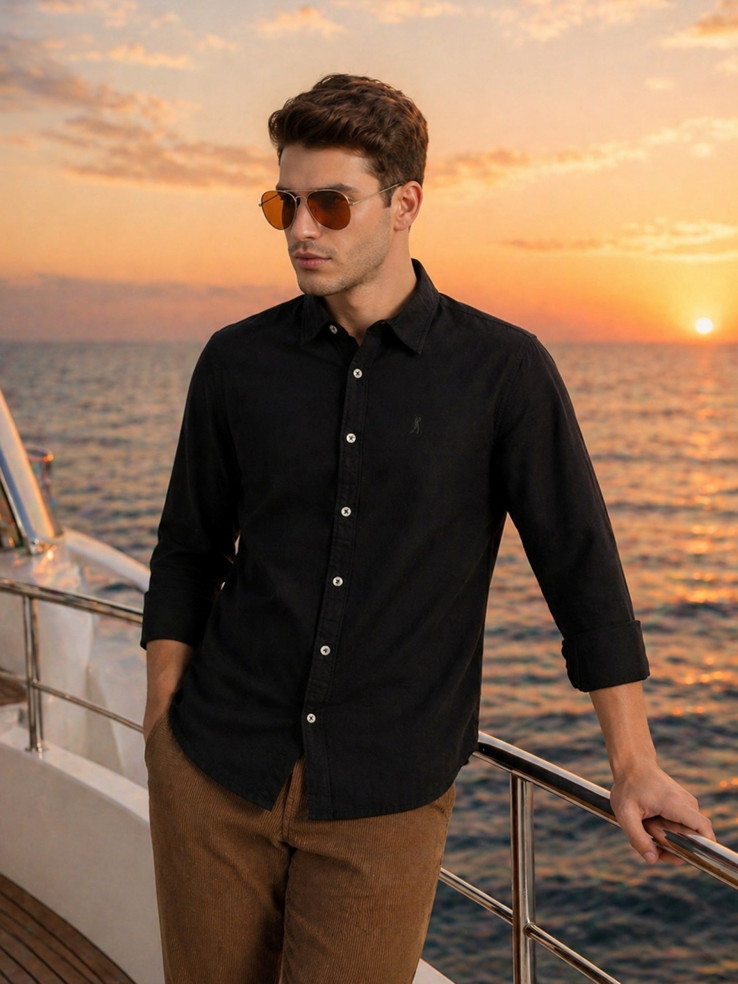 Thomas Scott Men Black Cricket Club Collection Slim Fit Oxford Cotton Casual Shirt with Spread Collar & Long Sleeves