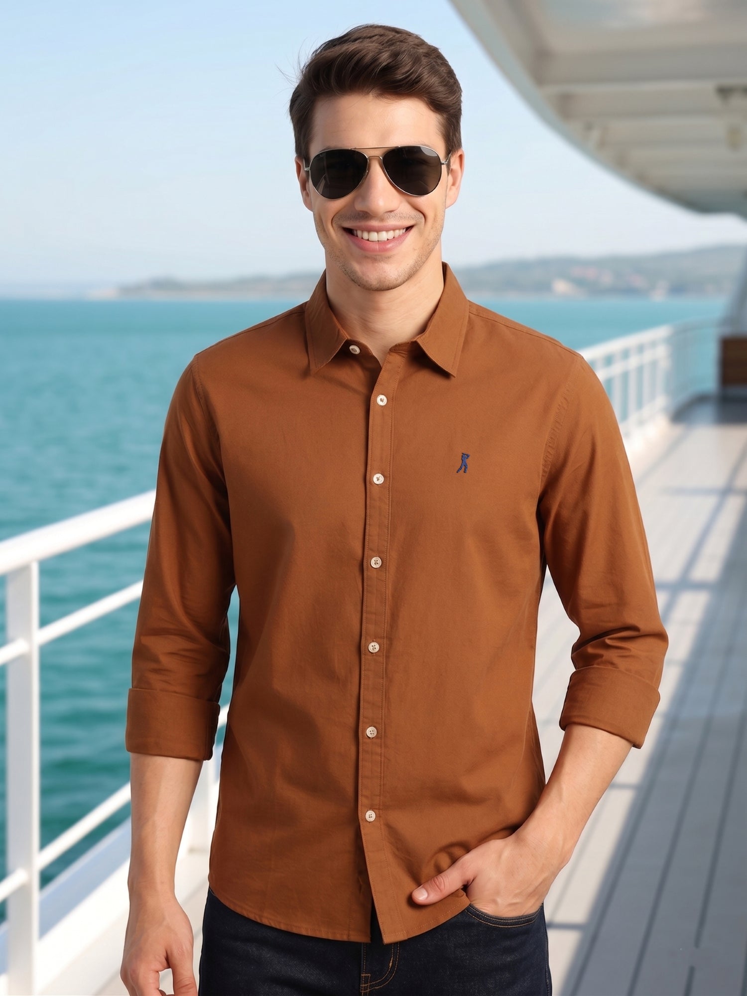Thomas Scott Men Brown Cricket Club Collection Slim Fit Oxford Cotton Casual Shirt with Spread Collar & Long Sleeves