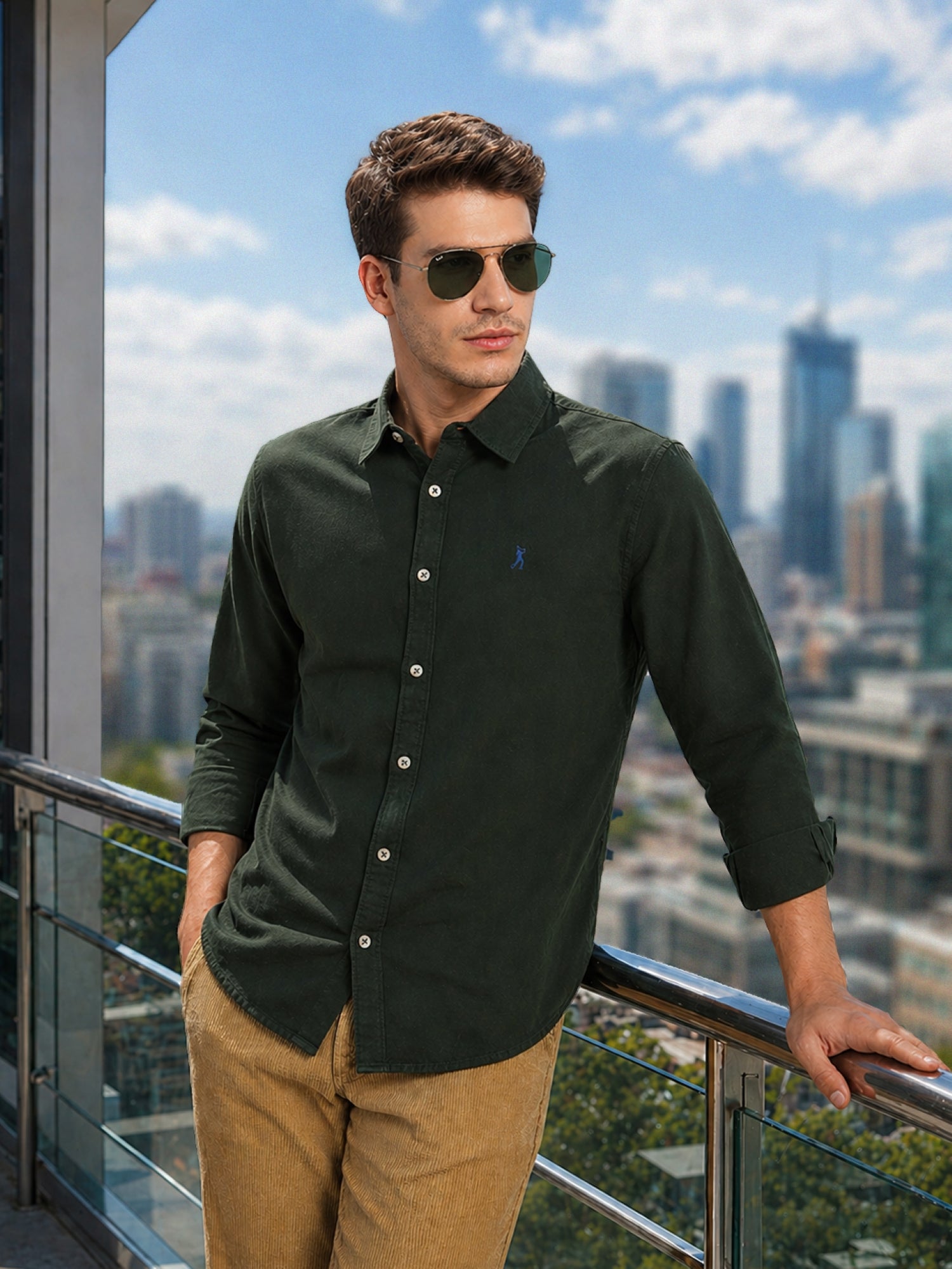 Thomas Scott Men Green Cricket Club Collection Slim Fit Oxford Cotton Casual Shirt with Spread Collar & Long Sleeves