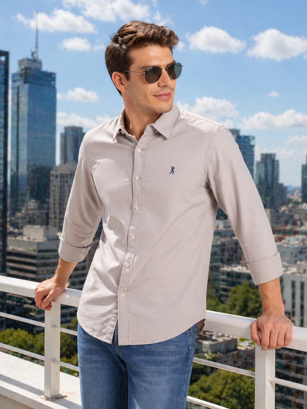 Thomas Scott Men Grey Cricket Club Collection Slim Fit Oxford Cotton Casual Shirt with Spread Collar & Long Sleeves