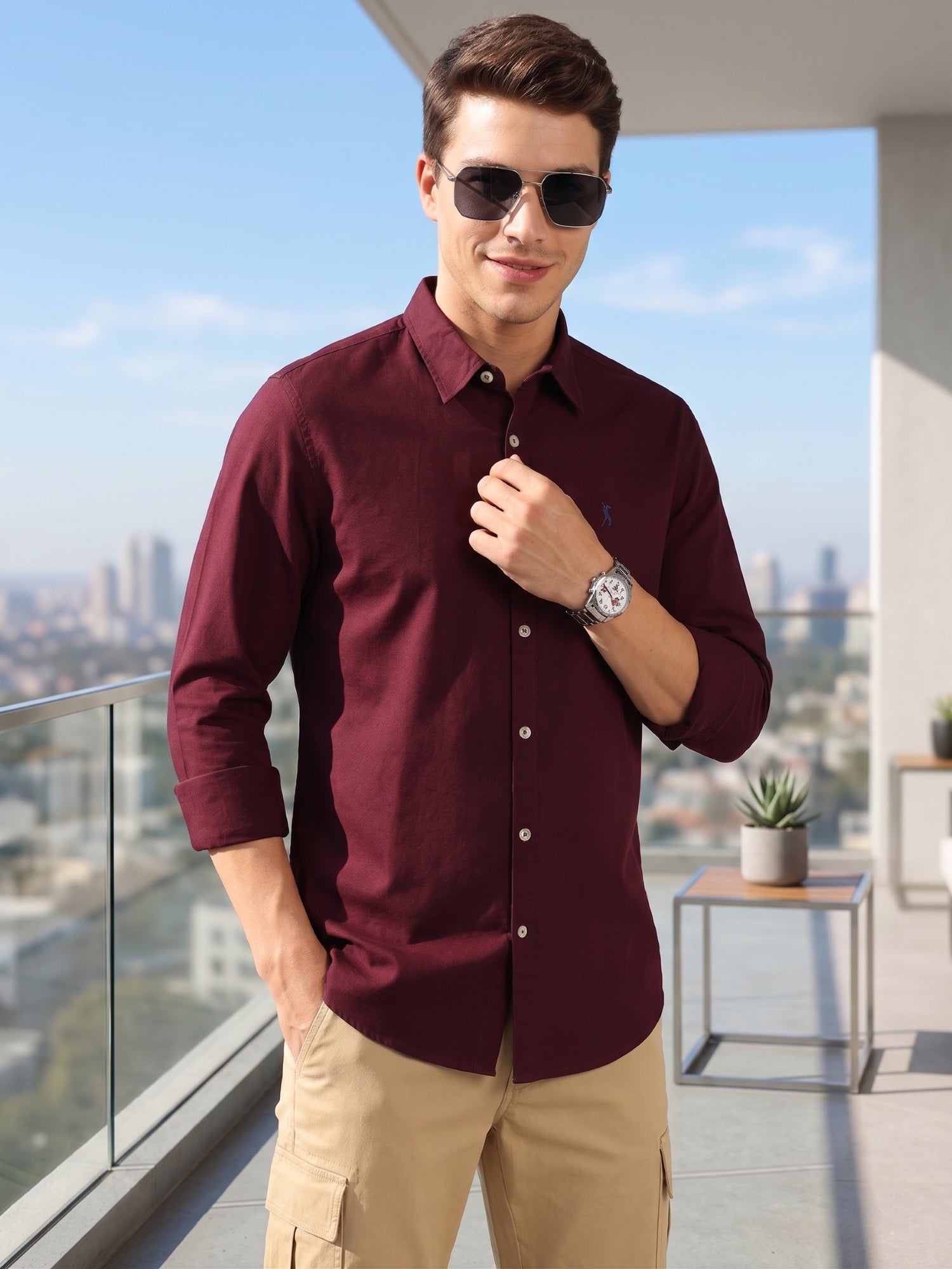 Thomas Scott Men Maroon Cricket Club Collection Slim Fit Oxford Cotton Casual Shirt with Spread Collar & Long Sleeves