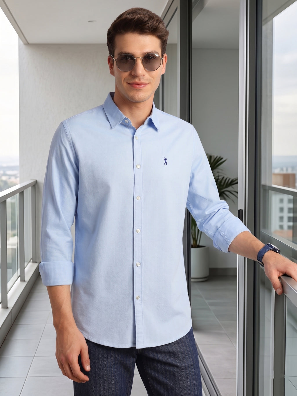Thomas Scott Men Sky Blue Cricket Club Collection Slim Fit Oxford Cotton Casual Shirt with Spread Collar & Long Sleeves