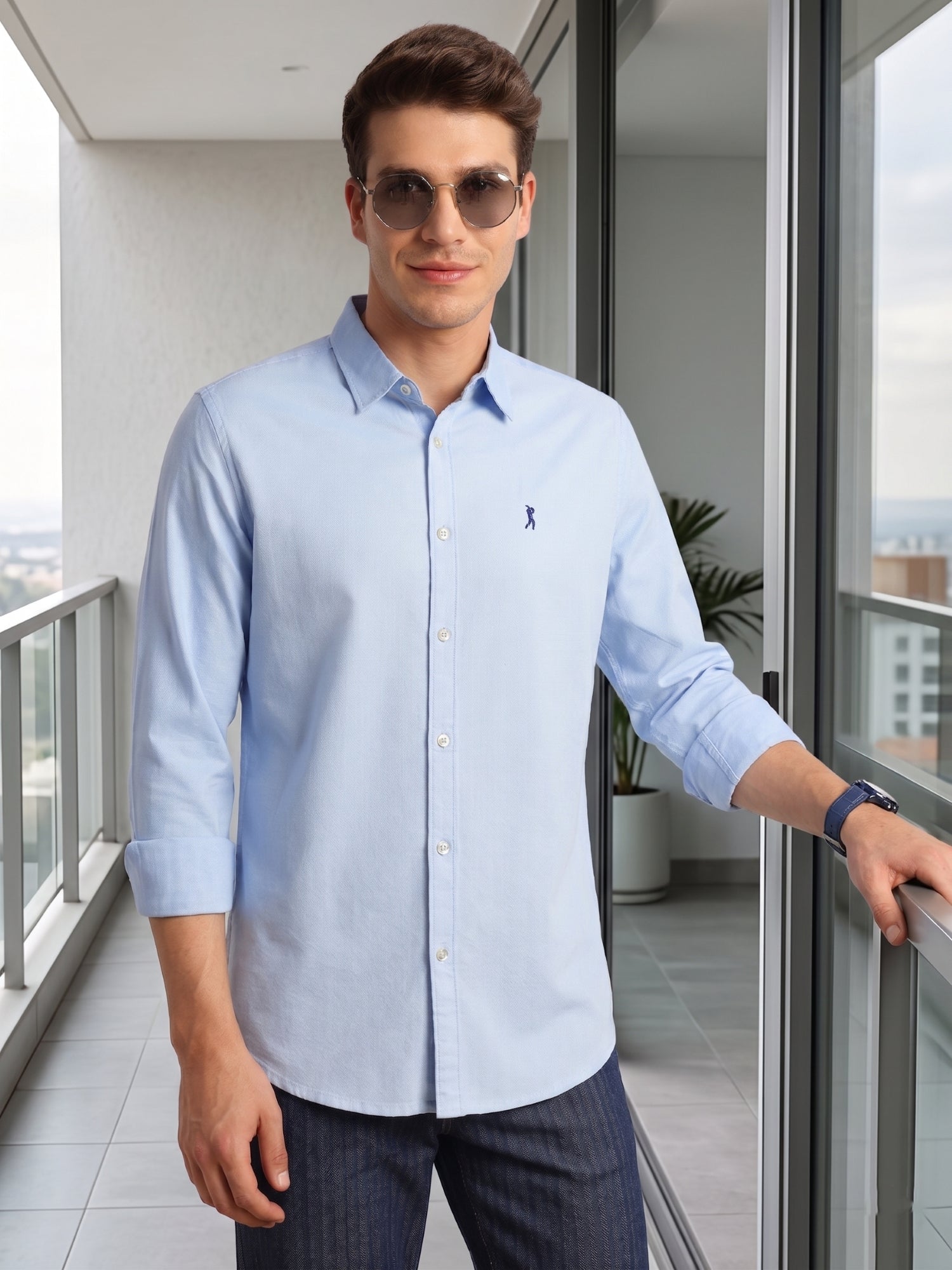 Thomas Scott Men Sky Blue Cricket Club Collection Slim Fit Oxford Cotton Casual Shirt with Spread Collar & Long Sleeves