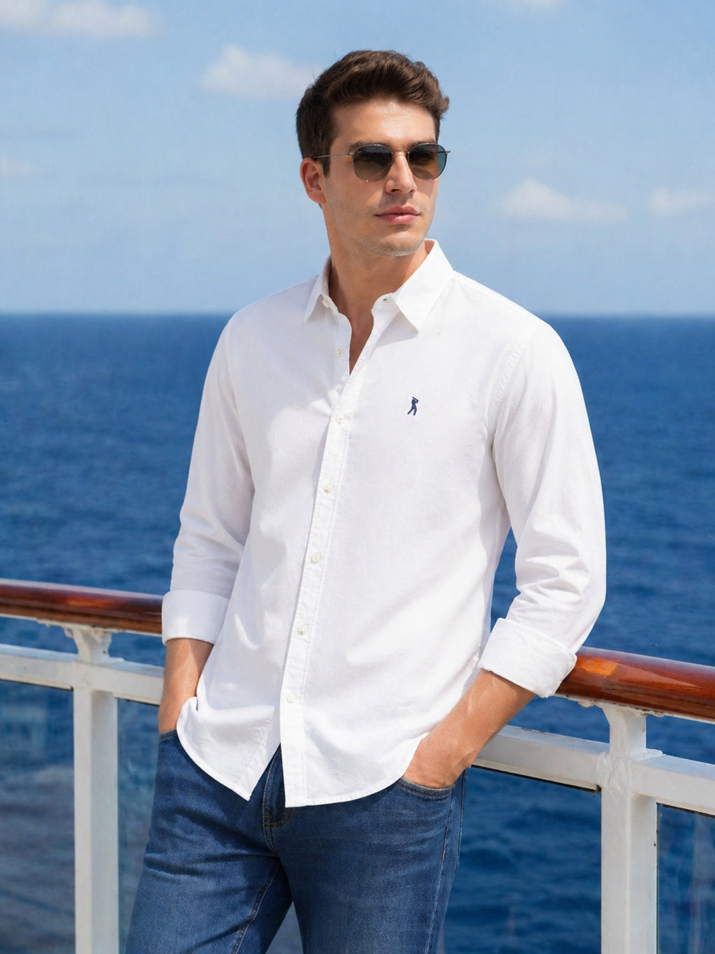 Thomas Scott Men White Cricket Club Collection Slim Fit Oxford Cotton Casual Shirt with Spread Collar & Long Sleeves