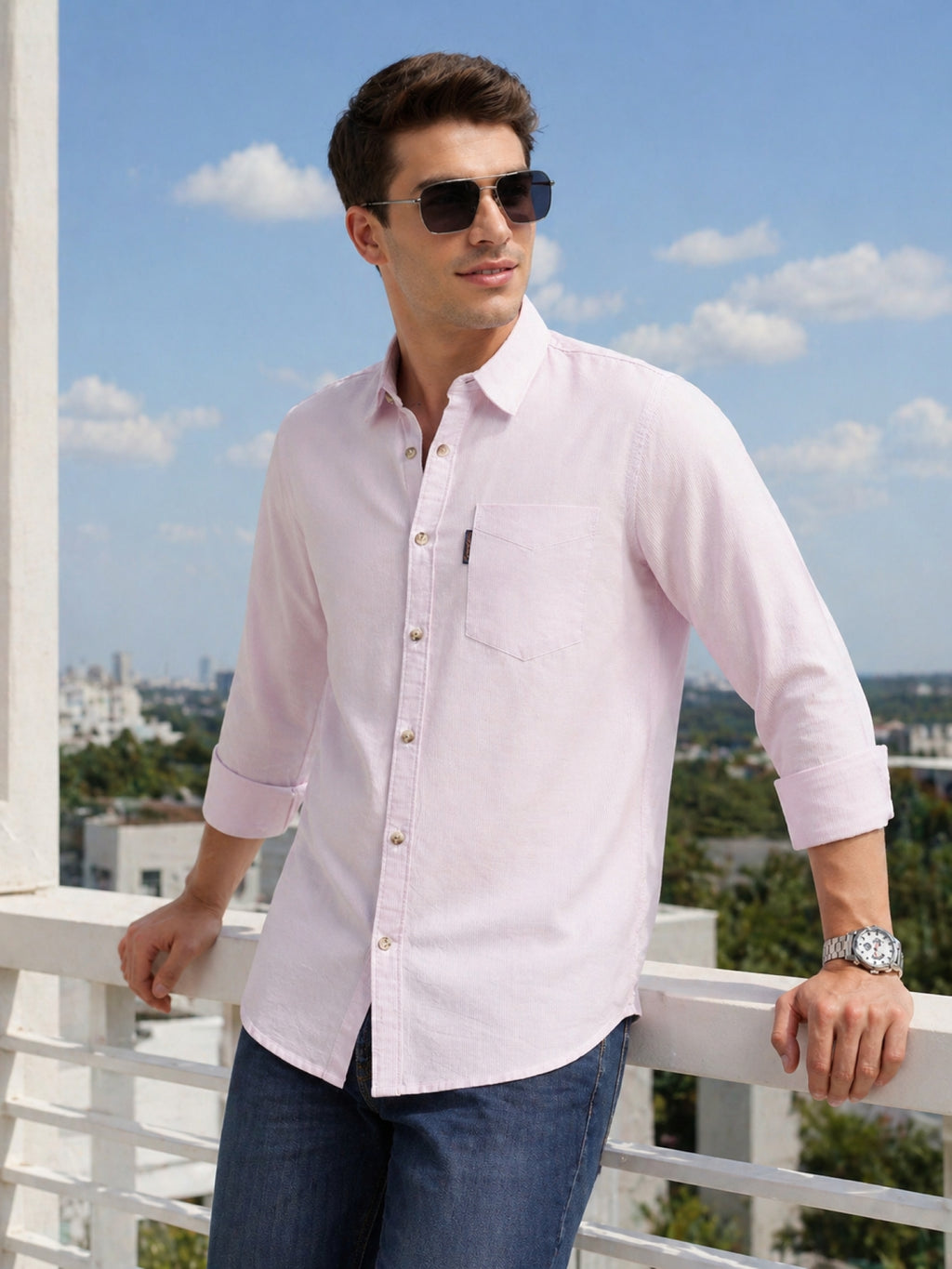 Thomas Scott Men Purple Cricket Club Collection Regular Fit Pinstripes Long Sleeves Spread Collar 100% Cotton Oxford Casual Shirt