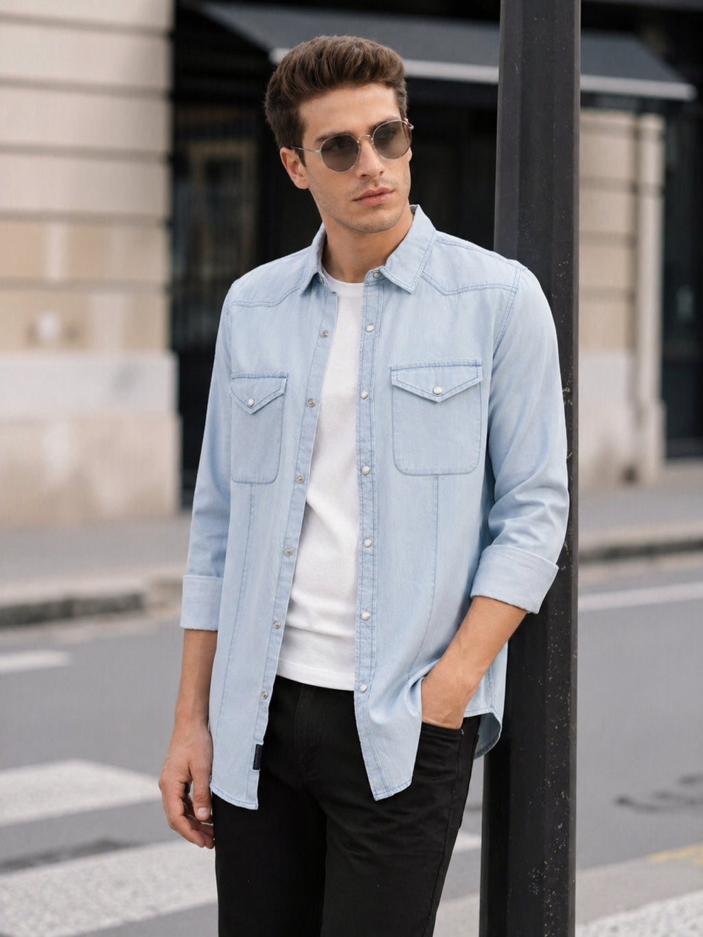Thomas Scott Men Blue Cricket Club Collection Regular Fit Long Sleeves Spread Collar Cotton Denim Casual Shirt