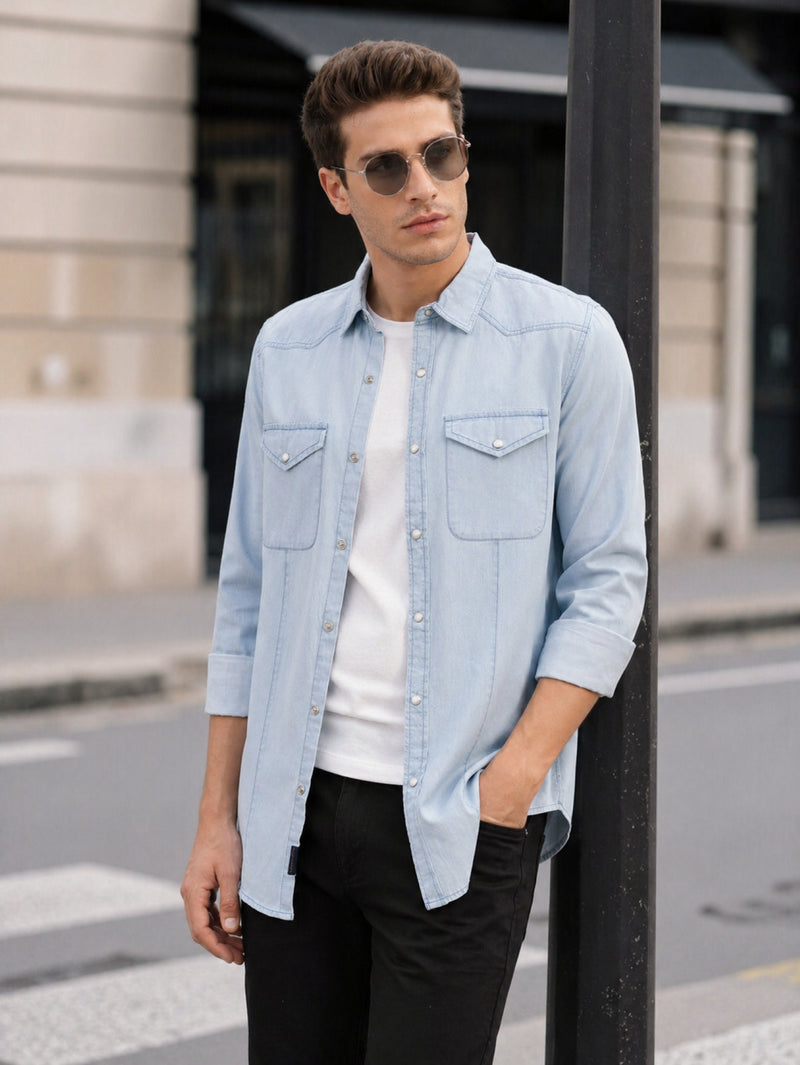 Thomas Scott Men Blue Cricket Club Collection Regular Fit Long Sleeves Spread Collar Cotton Denim Casual Shirt