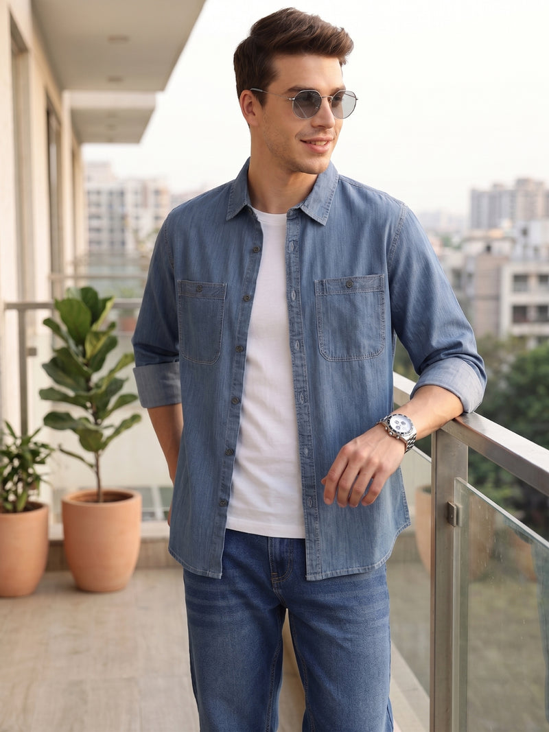 Thomas Scott Men Navy Cricket Club Collection Regular Fit Long Sleeves Spread Collar Medium Shade Cotton Denim Shirt