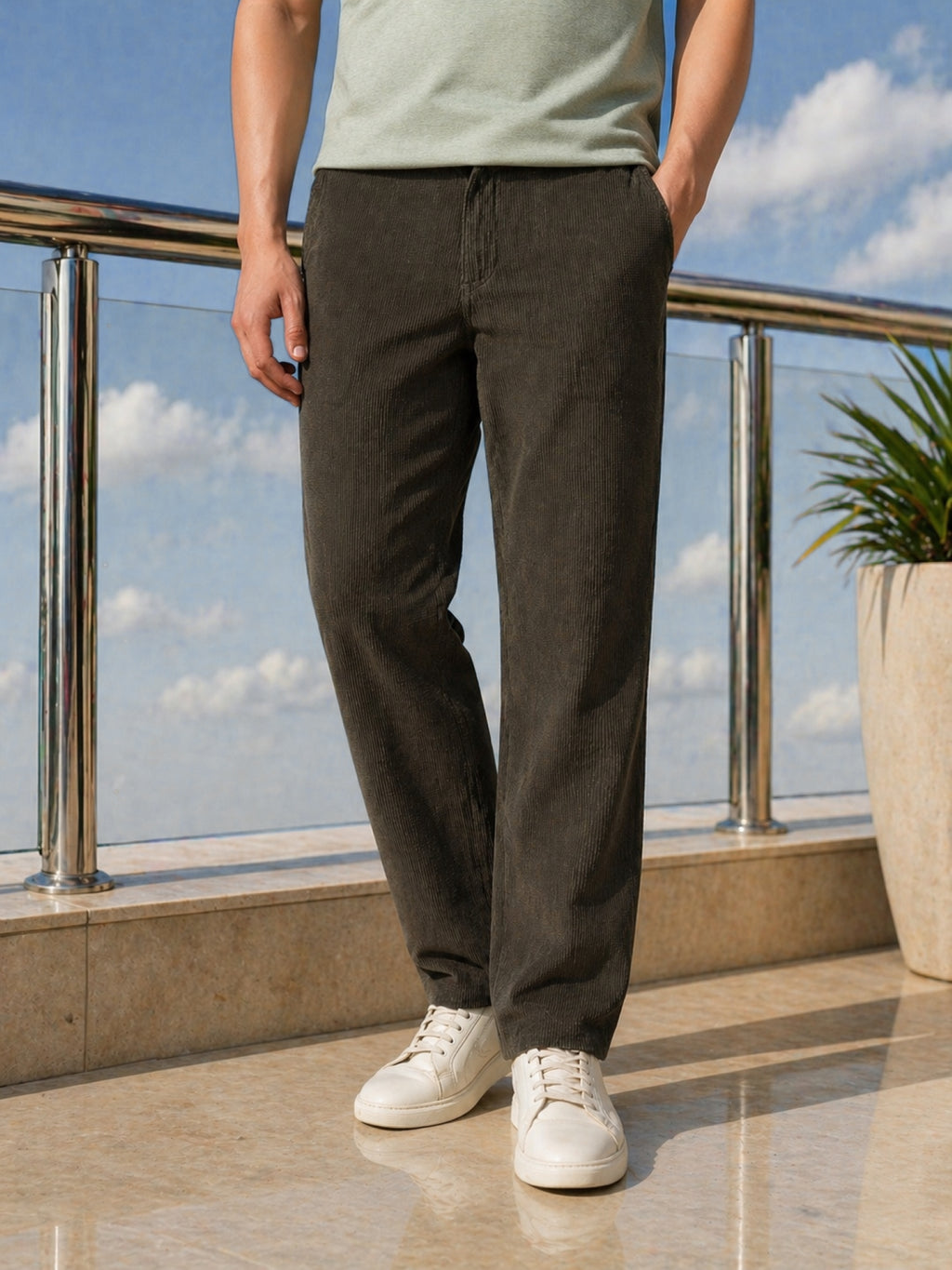 Thomas Scott Men Olive Regular Fit Mid-Rise Textured 4 Pockets Design Corduroy Trouser