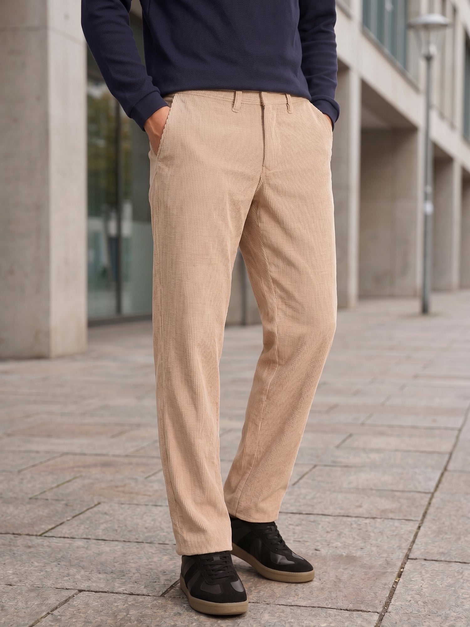 Thomas Scott Men Fawn Regular Fit Mid-Rise Textured 4 Pockets Design Corduroy Trouser