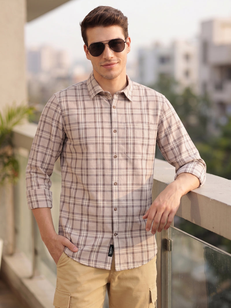 Thomas Scott Men Beige Regular Fit Long Sleeves Spread Collar Cotton Plaid Checked 100% Cotton Casual Shirt