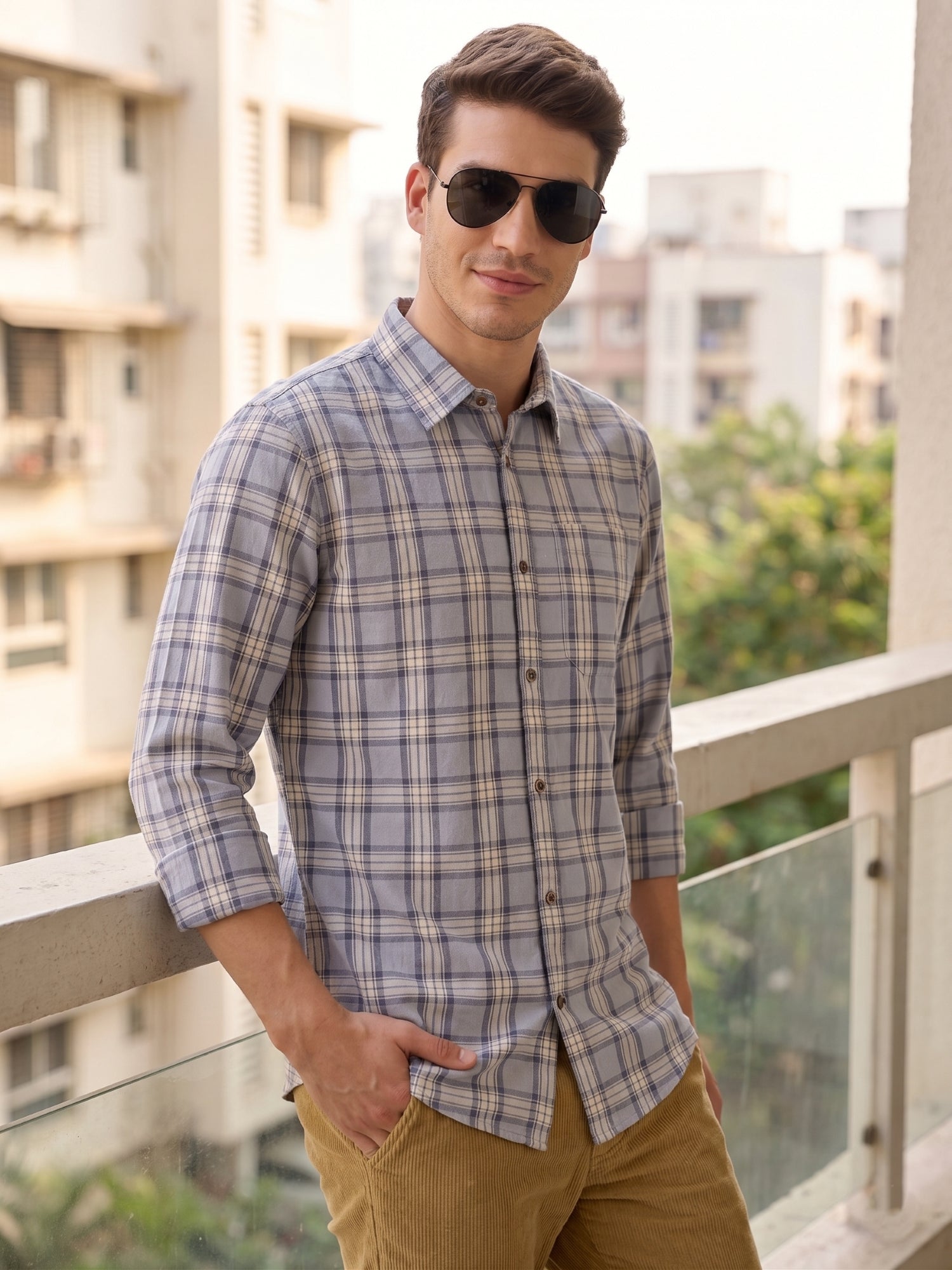 Thomas Scott Men Blue Regular Fit Long Sleeves Spread Collar Cotton Plaid Checked 100% Cotton Casual Shirt