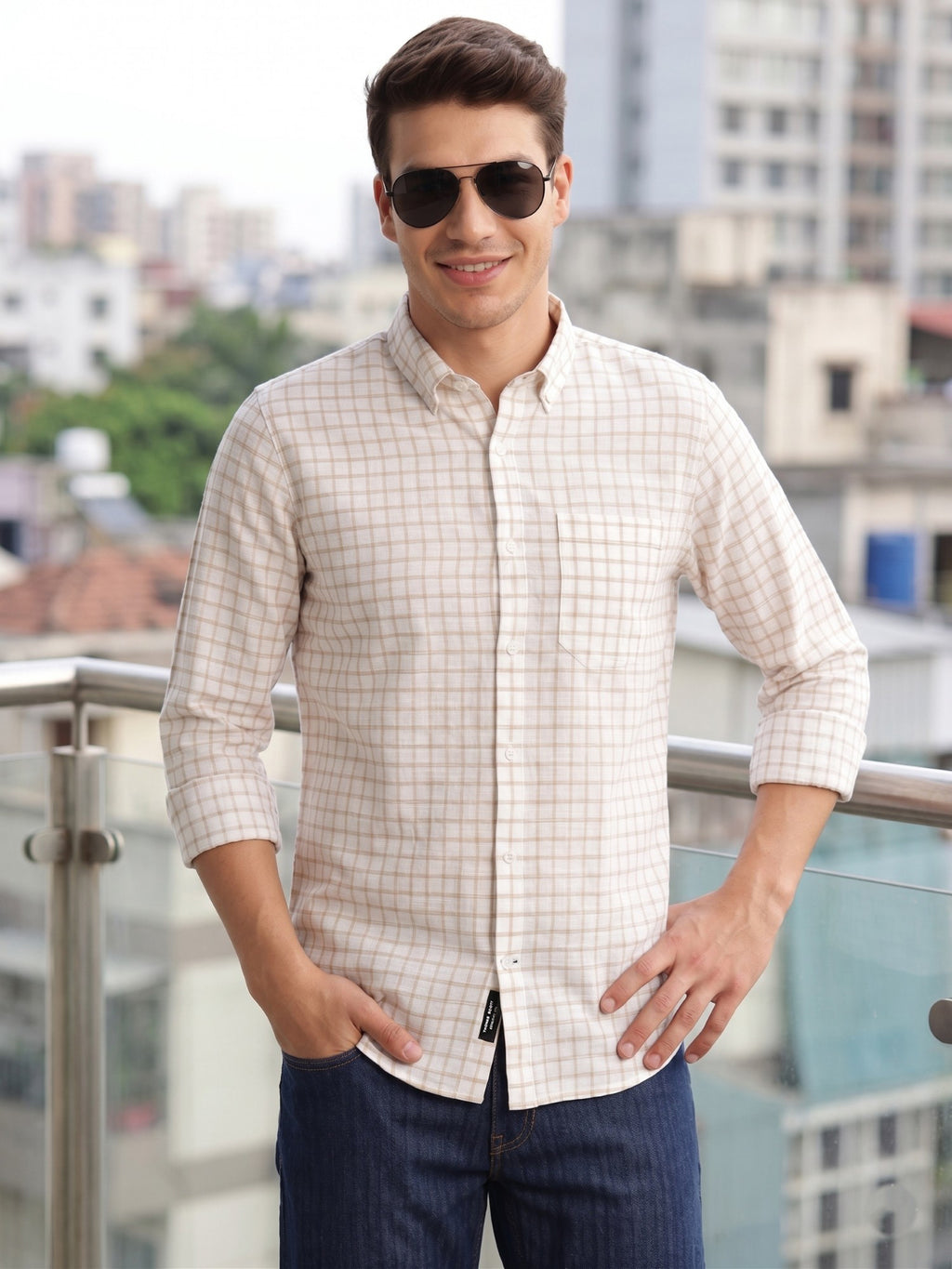 Thomas Scott Men Beige Regular Fit Long Sleeves Button Down Collar Windowpane Check 100% Cotton Casual Shirt