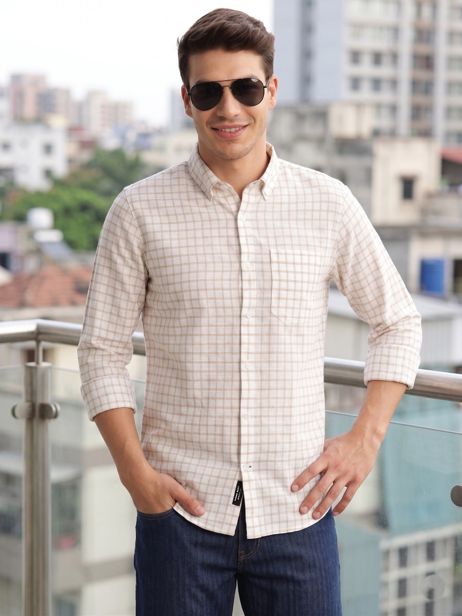 Thomas Scott Men Beige Regular Fit Long Sleeves Button Down Collar Windowpane Check 100% Cotton Casual Shirt