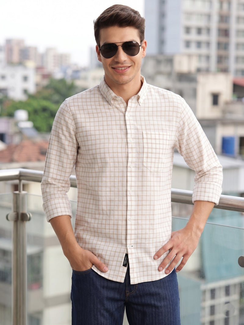 Thomas Scott Men Beige Regular Fit Long Sleeves Button Down Collar Windowpane Check 100% Cotton Casual Shirt