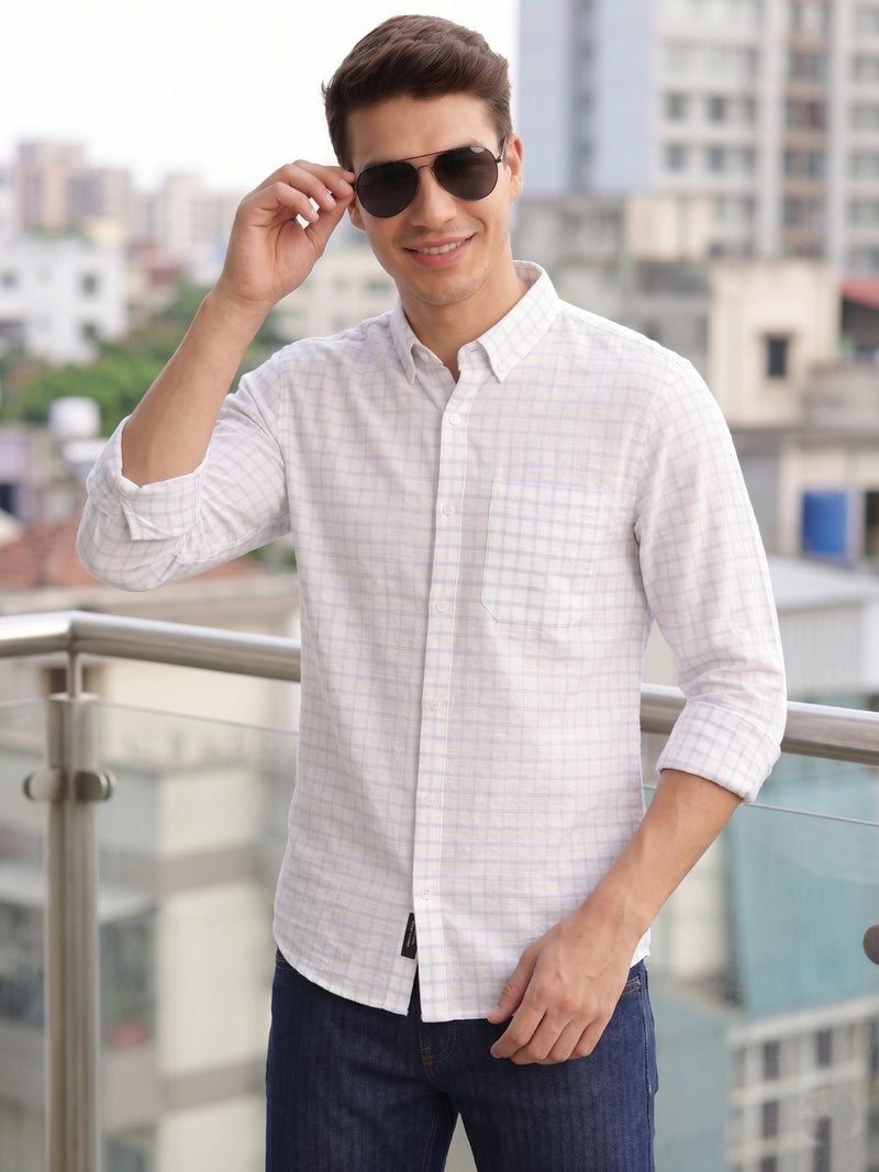 Thomas Scott Men Blue Regular Fit Long Sleeves Button Down Collar Windowpane Check 100% Cotton Casual Shirt