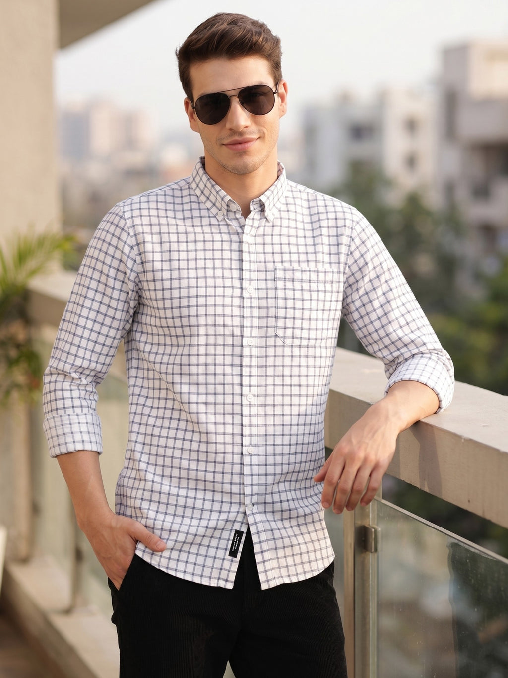 Thomas Scott Men Navy Regular Fit Long Sleeves Button Down Collar Windowpane Check 100% Cotton Casual Shirt