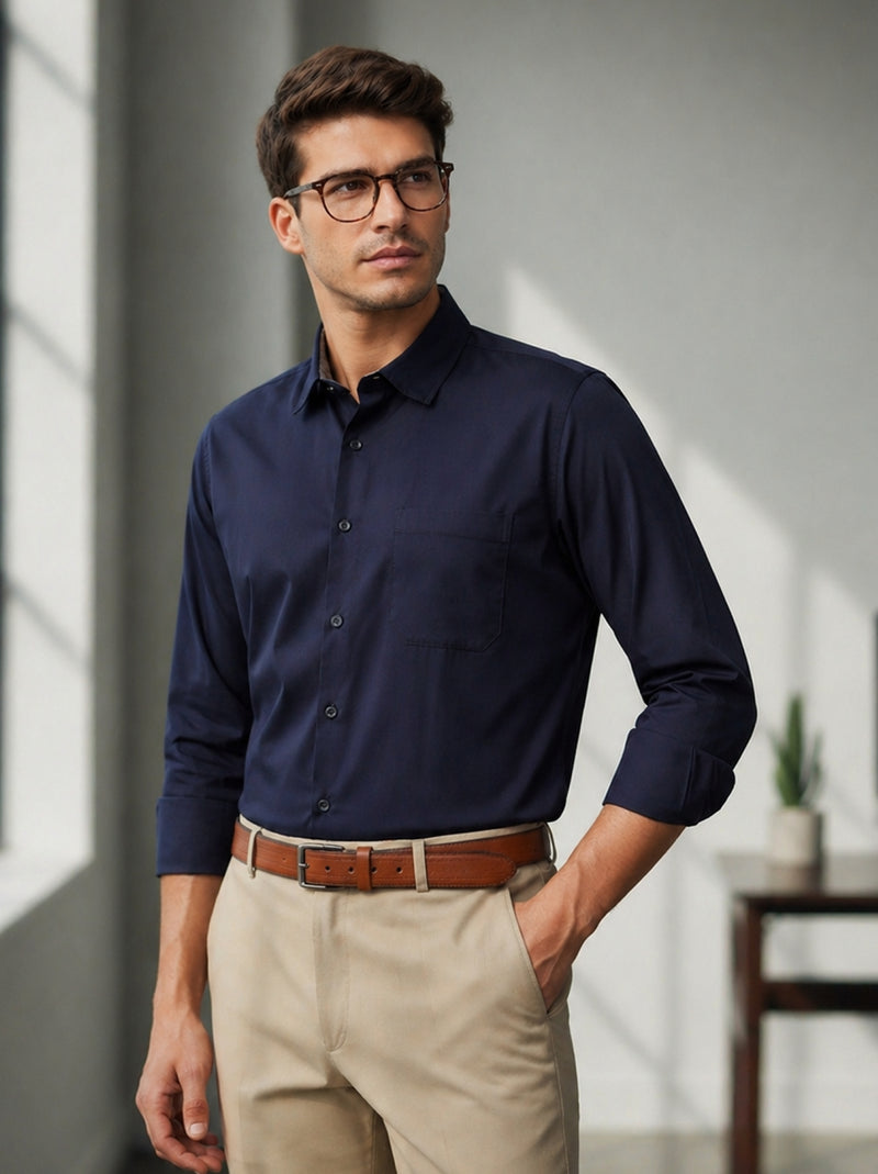 Thomas Scott Men Navy Premium Regular Fit Long Sleeves Spread Collar Solid 100% Cotton Formal Shirt